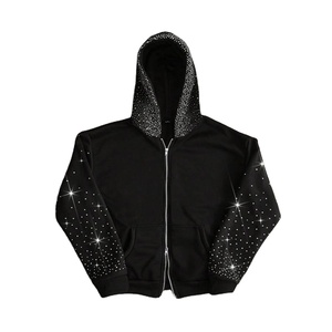 Textured <b>Black</b> Rhinestone Acid Wash Jacquard <b>Zip</b> <b>Hoodies</b> <b>Women</b> Heavy Fleece Vintage Streetwear Sparkle Sleeve Jacket OEM ODM - Product Image 1