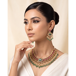 Indian Ethnic Surekha Traditional Premium <b>Gold</b> Plated Bridal Necklace & Earring <b>Set</b> - Product Image 1
