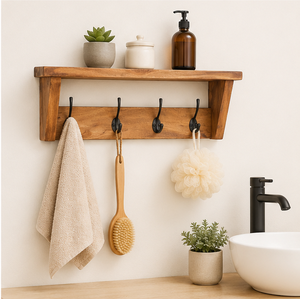 Perchero de pared rústico de madera maciza con estante y 5 ganchos de hierro fundido para la entrada, pasillo o cuarto de servicio, organizador para la decoración del hogar. - Product Image 2