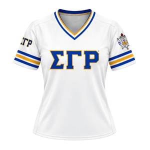 Camiseta de Hockey para Mujer, Blanca, con Letras Griegas Sigma Gamma Rho, Cuello en V, Manga Corta, Uniforme Deportivo de la Hermandad SGRho - Product Image 1