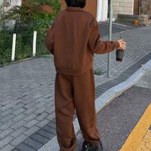 OEM Women Brown Half-Zip Eco-Friendly Lightweight Tracksuit Set Full Sleeve Loose Fit Front Logo Print Casual Wear 100% Cotton - Product Image 3