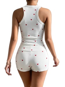 2pcs Women's Tank Top and Short set with Heart Print Ribbed Pajama Set Women's 2pcs Vest and Shorts Set Sleeveless Striped Vest - Product Image 3