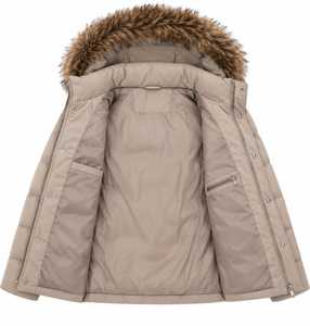 Abrigo Acolchado Grueso de Invierno para Mujer, Color Beige, Tejido de Poliéster, con Capucha de Piel Desmontable, Cinturón en la Cintura, Cierre de Cremallera - Product Image 5