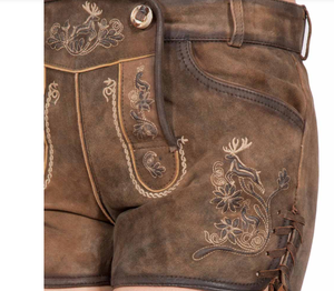 Men's Brown Embroidered Lederhosen Shorts High Waist Casual Short Shorts With Floral Design Hand Embroidery Detailing - Product Image 5