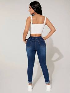Jean Capri en Coton pour Femme, Taille Élastique avec Cordon de Serrage, Respirant, Très Extensible, Coupe Skinny, Denim Uni, Style Décontracté, Été Hiver - Product Image 3