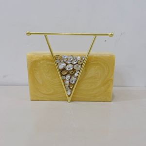 Luxury Yellow Amber Resin Storage <b>Bag</b> Evening <b>Clutch</b> <b>Bag</b> Metal Top Handle Crystal Triangle Inlay Marble Bridal Party Handbag - Product Image 1