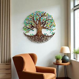 Art mural artisanal ARBRE DE LA VIE avec feuilles colorées et oiseaux pour la décoration murale des hôtels ou de la restauration, pour ajouter une touche de luxe - Product Image 1