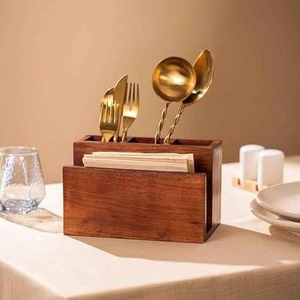 Solid Wood Condiment Caddy with Brass Metal Handles 4 Section Tabletop Utensil Organizer <b>Spice</b> <b>Jar</b> Holder for Restaurant Cafe - Product Image 5