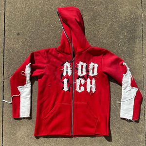 Sweat à capuche vintage rouge pour homme, style gothique vieilli avec lettres appliquées, en molleton épais polyester/coton, écologique et respirant - Product Image 2