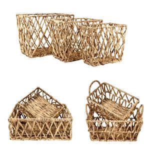 Water Hyacinth Vintage Style Open Lattice Storage <b>Basket</b> Set with Handles <b>Stackable</b> Eco-Friendly Multi-Purpose Rectangle Design - Product Image 1
