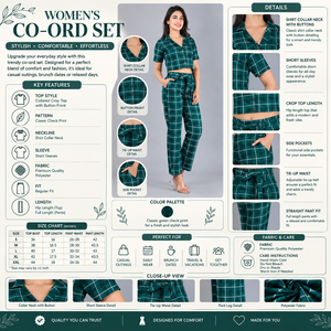 Conjunto coordinado de 2 piezas a cuadros verdes para mujer, camisa corta con botones en la parte delantera y pantalones con cordón de cintura alta, conjunto informal a juego - Product Image 5