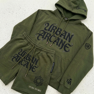 Custom Men's GREEN Vintage Washed Breathable Winter Patch Zip Hoodie Shorts <b>Set</b> Heavyweight Cotton Streetwear OEM Private Label - Product Image 1