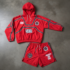 Ensemble de survêtement 2 pièces en nylon avec logo personnalisé, short d'été, streetwear élégant, sweat à capuche zippé et short color block pour hommes - Product Image 1