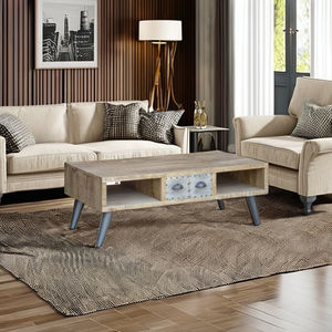 Table basse traditionnelle en bois de manguier massif avec étagères de rangement, pieds en fer durables, montage facile pour le salon - Product Image 1