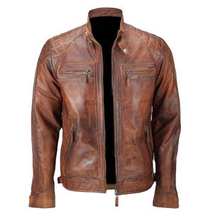Giacca in pelle da motociclista da uomo giacca in pelle invecchiata marrone classica da <span class=keywords><strong>moto</strong></span> e da corsa automatica nome della squadra personalizzato per uomo - Product Image 1