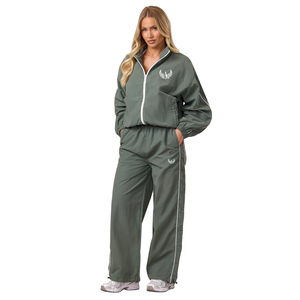 Womens Sage Green Woven Tracksuit Full Zip Jacket and Jogger Pants Set Casual Fitness Activewear Outfit - Product Image 1