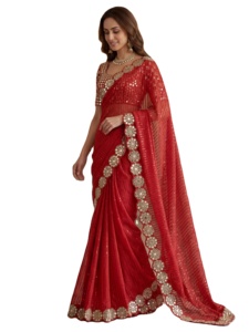 ส่าหรีอินเดียแบบดั้งเดิมสำหรับงานเทศกาล ผ้าจอร์เจตต์เทียม ประดับเลื่อม ปักลาย พร้อมกระจกแท้ ส่าหรีงานแต่งงาน - Product Image 4