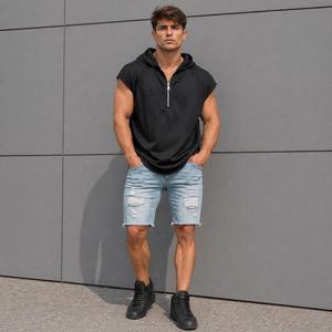 Sudadera sin mangas con capucha y cremallera de un cuarto para hombre, gris liso, ajuste casual, largo regular, 100% algodón, felpa francesa, transpirable - Product Image 3