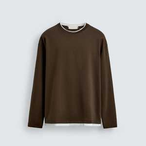 เสื้อยืดแขนยาวผู้ชายแบบเลเยอร์ |   เสื้อยืดคอกลมผ้าฝ้าย 100% ทรงหลวม ป้องกันรอยยับ รุ่นคอนทราสต์เฮม |   รับผลิตแบบ OEM/ODM ขายส่ง - Product Image 1