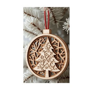<b>Wooden</b> Round <b>Laser</b> <b>Cut</b> Christmas Tree Hanging Ornament Traditional Handmade Decor - Product Image 1