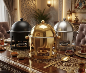 Réchaud alimentaire rond fini argenté, design arabe, aspect brillant, avec support, plat de service en métal pour buffet, fête, mariage - Product Image 5