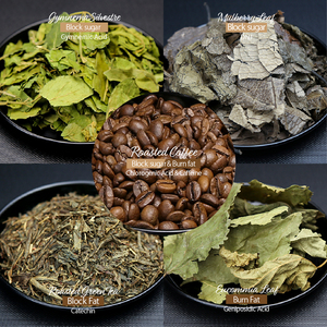 กาแฟบดลดน้ำหนักผสมใบจิมเนมา ซิลเวสเตร ใบหม่อน ชาเขียวคั่ว ใบยูคอมเมีย กาแฟอาราบิก้าคั่วกลางผสมคาเฟอีน - Product Image 1