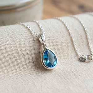 <b>Blue</b> Teardrop Pendant <b>Necklace</b> Rhodium Plated 925 Sterling Silver Link Chain Bezel Set Jewelry for Women Gift Wedding Party - Product Image 1