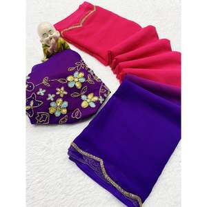 FANCY GEORGETTE HAND WORK FRONTERA SAREE CON BLUSA DESCOSTADA ROSA - Product Image 1