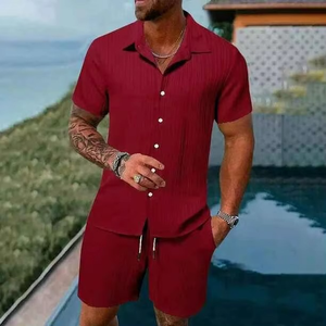 <b>Men's</b> Summer Simple Casual Beach Wear Two-Piece <b>Cardigan</b> With Printed Button-Up <b>Long</b>-Sleeved Polyester Shirt Woven Shorts - Product Image 4