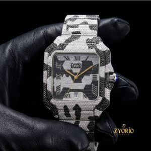 Luxury Iced Out Camo Diamond Watch for Men Hip Hop Style Stainless Steel Square Dial Custom Bust <b>Down</b> Watch - Product Image 4
