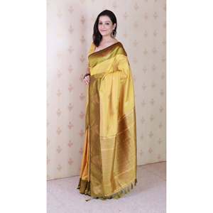 Conjunto de Sari de Seda Suave Amarillo con Diseño Floral y Bordado Zari para Mujer - Product Image 2