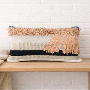 Housse de coussin bohème en laine et coton avec rayures marine et franges, coussin décoratif tissé, style marocain haut de gamme - Product Image 2