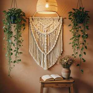 งานถักมือจากฝ้ายมาคราเม่ ตกแต่งผนังสไตล์โบโฮ ลายแนวตั้ง ดีไซน์สมมาตรอย่างหรูหรา รายละเอียดการถักทอเป็นมิตรกับสิ่งแวดล้อม ผลิตอย่างมีสไตล์ - Product Image 1