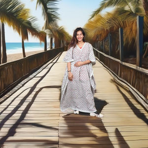 Robe kaftan indienne faite à la main en coton imprimé à la main, longue, col en V, imprimé floral, respirante, pour l'été - Product Image 4