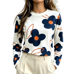 Haut décontracté à manches longues et col rond pour femmes, imprimé floral, doux et confortable, à porter au quotidien, vêtements de mode printemps-automne, moderne - Product Image 1