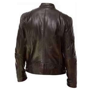 <b>Men's</b> Genuine <b>Leather</b> Waterproof Moto <b>Jacket</b> Stand Collar Zipper Closure Slim Fit Autumn Style Solid Color Finished Front Logo - Product Image 6