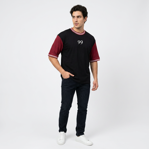 Men's Black Red Contrast Sleeve T-Shirt With 99 Print And Artistic Back Design Casual O-Neck Short Sleeve Jersey Cotton Tee - Product Image 4