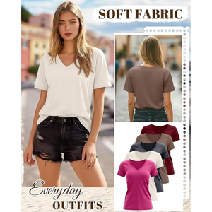 T-shirts confortables pour femmes à col en V, décontractés, anti-boulochage, à manches courtes, commande en gros, vente en gros de t-shirts confortables - Product Image 6