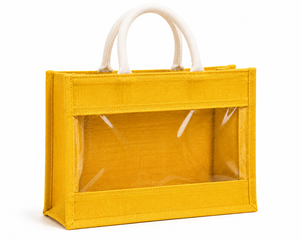 Sac fourre-tout en jute jaune AMANI avec fenêtre transparente, poignées blanches, taille moyenne, origine Bengale occidental, design durable pour offrir en cadeau - Product Image 1