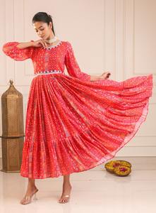 Vestido Midi de Muselina Suave con Estampado Étnico Indio, Inspirado en Anarkali, Cuello Redondo, Antiarrugas, Diseño Moderno para Mujer - Product Image 2