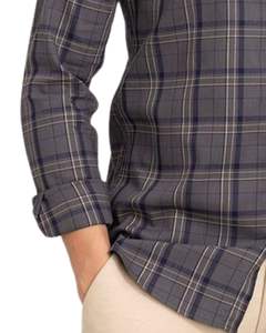 Camisa de hombre a cuadros gris carbón con cuello de banda, de algodón y poliéster, corte ajustado, manga larga, con botones, estilo casual, para compradores mayoristas. - Product Image 5