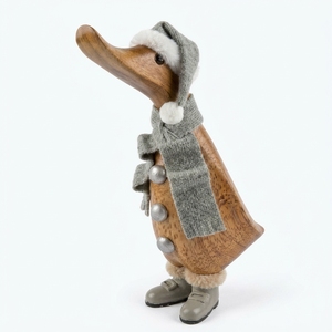 Handmade Wooden <b>Duck</b> Figurine with Gray Scarf and <b>Hat</b> Christmas Table Decoration Rustic Animal Sculpture for Living Room Display - Product Image 1