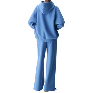 Conjunto de Sudadera con Capucha Oversize y Pantalones Deportivos para Mujer, Color Azul Sólido, Tejido de Punto, Manga Larga, Ropa de Otoño, Transpirable, Estilo Casual - Product Image 2