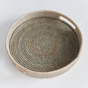 Handmade Woven Plant Fiber Rectangular Decorative Tray With Handles Bohemian Style Bamboo Rattan Craft For <b>Home</b> Decoration - Product Image 3