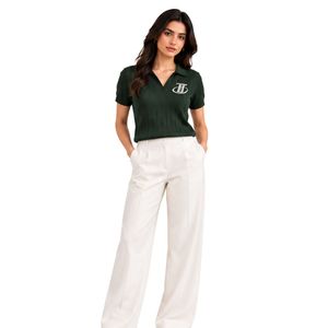 Elegant <b>Womens</b> Dark Green Ribbed Knit <b>Polo</b> <b>Shirt</b> with Embroidered Logo and <b>White</b> Wide Leg Trousers Smart Casual Office OutfitSet - Product Image 4