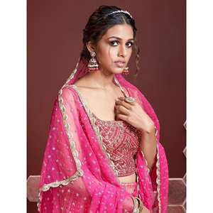 Magnifique Lehenga Choli semi-cousu en soie chinon brodée rose pour mariage par Zeel Clothing - Product Image 3