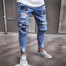 Vente en gros de jeans slim pour hommes, coupe droite, taille mi-haute, en denim élastique, avec logo personnalisé - Product Image 4