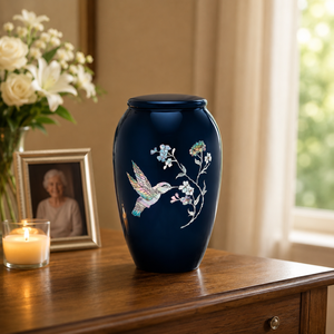 Navy Blue Hummingbird Cremation Urn for Human Ashes | Floral <b>Memorial</b> <b>Keepsake</b> | Adult Funeral Burial Vessel | Elegant - Product Image 2