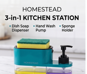 HOMESTEAD 3-in-1 Kitchen Station Dish Soap Dispenser Hand Wash <b>Pump</b> Sponge Holder Ergonomic Design - Product Image 2