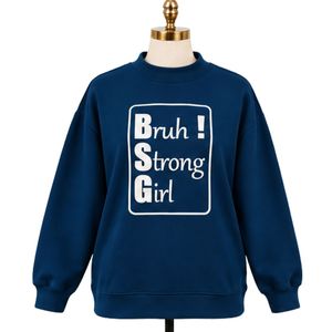 <b>Womens</b> Deep Ocean Blue Graphic Sweatshirt <b>White</b> Strong Girl Letter Print Oversized Crew Neck Long Sleeve Casual Streetwear Top - Product Image 1